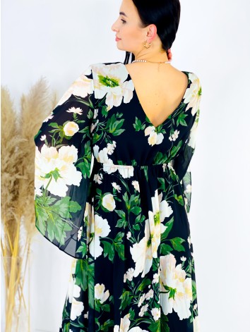 Dámske dlhé čierne kvetované spoločenské šaty pre moletky flower