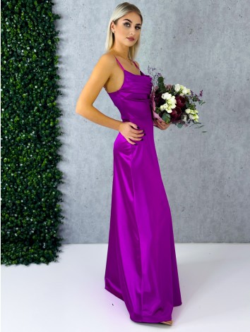 Dámske dlhé fialové spoločenské šaty na ramienka s rázporkom