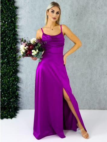 Dámske dlhé fialové spoločenské šaty na ramienka s rázporkom