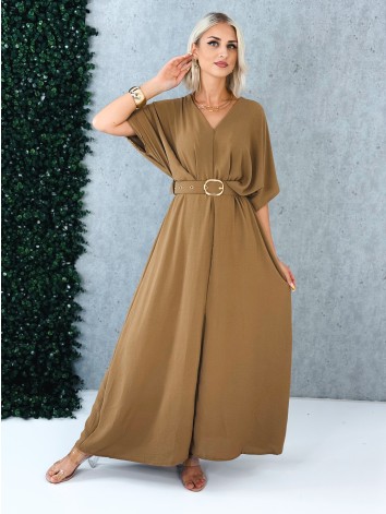 Dámske dlhé hnedé elegantné šaty s opaskom a véčkovm výstrihom