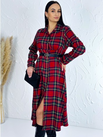 Dámske dlhé kárované vianočné šaty s opaskom