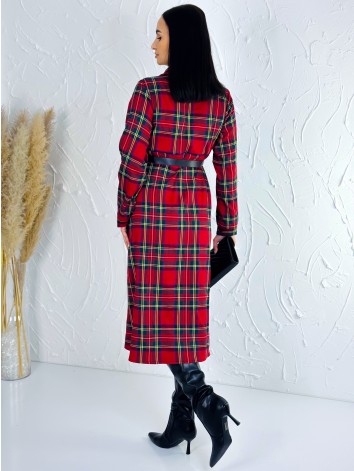 Dámske dlhé kárované vianočné šaty s opaskom