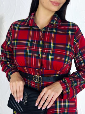 Dámske dlhé kárované vianočné šaty s opaskom