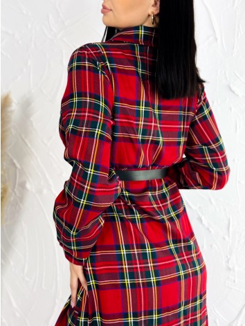 Dámske dlhé kárované vianočné šaty s opaskom