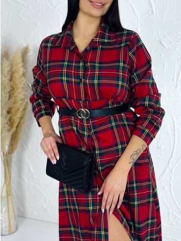 Dámske dlhé kárované vianočné šaty s opaskom