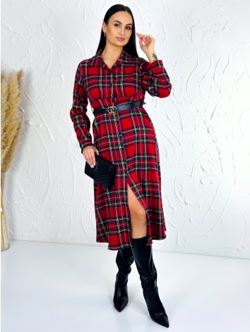 Dámske dlhé kárované vianočné šaty s opaskom