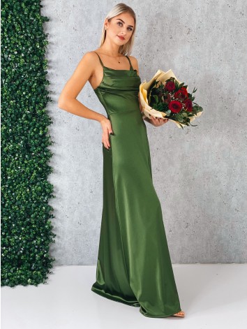 Dámske dlhé khaki spoločenské šaty na ramienka s rázporkom