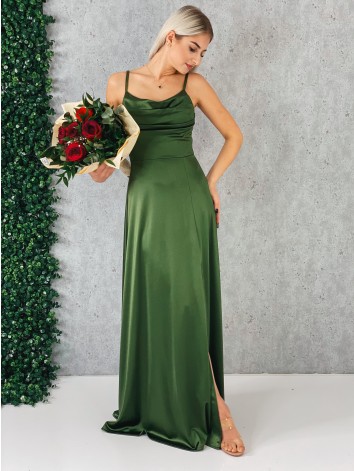 Dámske dlhé khaki spoločenské šaty na ramienka s rázporkom