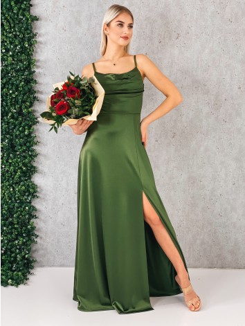 Dámske dlhé khaki spoločenské šaty na ramienka s rázporkom