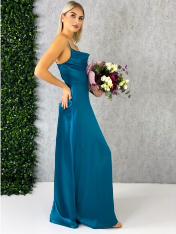 Dámske dlhé petrolejové spoločenské šaty na ramienka s rázporkom