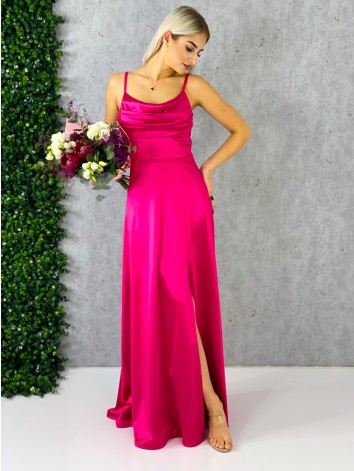 Dámske dlhé ružové spoločenské šaty na ramienka s rázporkom