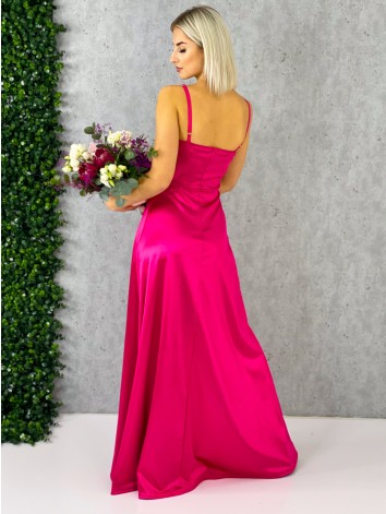 Dámske dlhé ružové spoločenské šaty na ramienka s rázporkom