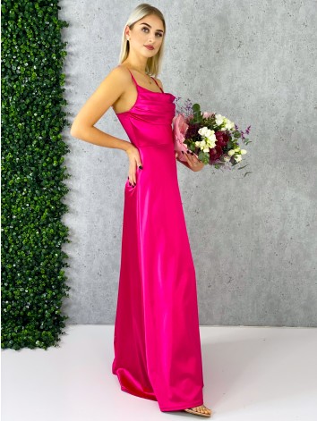Dámske dlhé ružové spoločenské šaty na ramienka s rázporkom