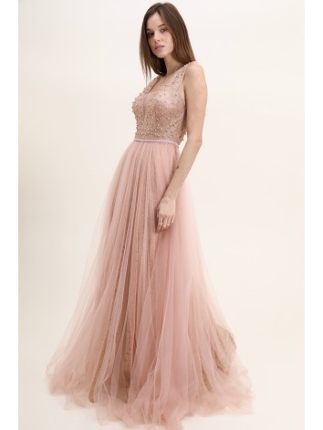 Dámske dlhé ružové spoločenské šaty s kamienkami