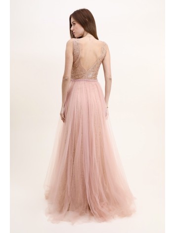 Dámske dlhé ružové spoločenské šaty s kamienkami