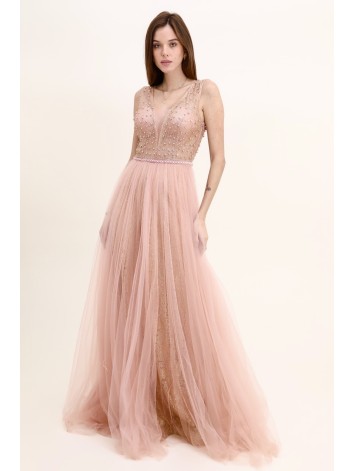 Dámske dlhé ružové spoločenské šaty s kamienkami