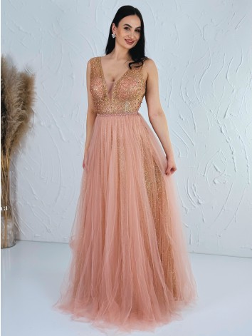 Dámske dlhé ružové spoločenské šaty s kamienkami