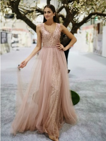 Dámske dlhé ružové spoločenské šaty s kamienkami