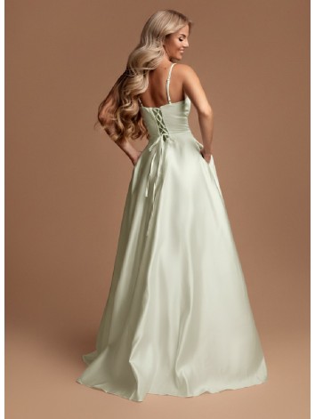 Dámske dlhé saténové šaty s mohutnou sukňou a vreckami - tyrkysové