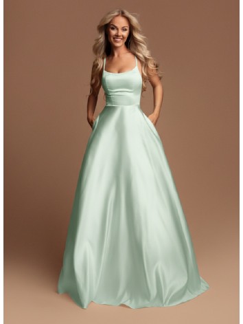 Dámske dlhé saténové šaty s mohutnou sukňou a vreckami - tyrkysové