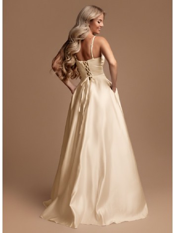 Dámske dlhé saténové šaty s mohutnou sukňou a vreckami - žlté