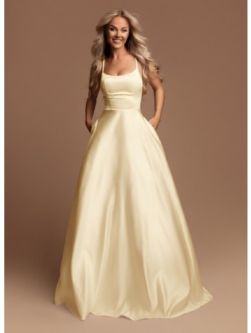 Dámske dlhé saténové šaty s mohutnou sukňou a vreckami - žlté