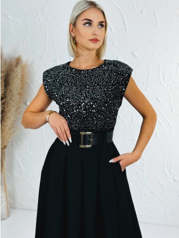 Dámske dlhé šaty Midnight s flitrovaným vrchom a čiernym opaskom - čierno strieborné