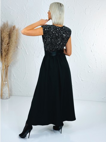 Dámske dlhé šaty Midnight s flitrovaným vrchom a čiernym opaskom - čierno strieborné