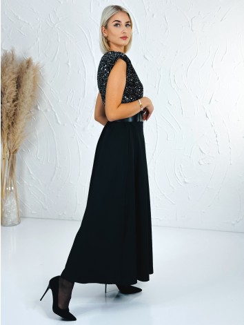 Dámske dlhé šaty Midnight s flitrovaným vrchom a čiernym opaskom - čierno strieborné