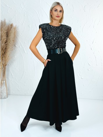 Dámske dlhé šaty Midnight s flitrovaným vrchom a čiernym opaskom - čierno strieborné