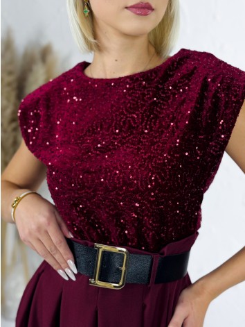 Dámske dlhé šaty Midnight s flitrovaným vrchom a čiernym opaskom - bordové