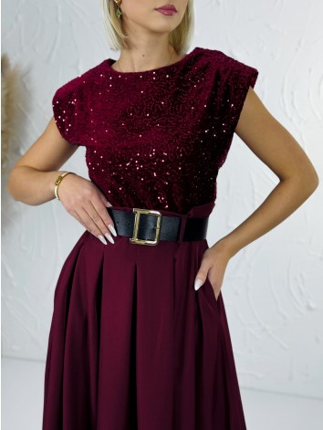 Dámske dlhé šaty Midnight s flitrovaným vrchom a čiernym opaskom - bordové