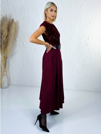 Dámske dlhé šaty Midnight s flitrovaným vrchom a čiernym opaskom - bordové