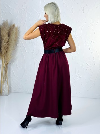 Dámske dlhé šaty Midnight s flitrovaným vrchom a čiernym opaskom - bordové