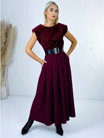 Dámske dlhé šaty Midnight s flitrovaným vrchom a čiernym opaskom - bordové