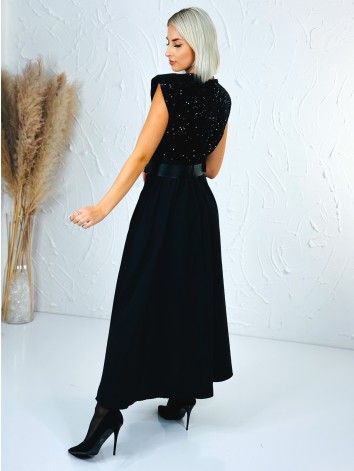 Dámske dlhé šaty Midnight s flitrovaným vrchom a čiernym opaskom - čierne