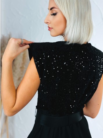 Dámske dlhé šaty Midnight s flitrovaným vrchom a čiernym opaskom - čierne