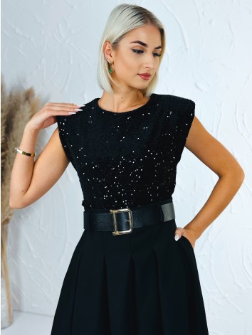 Dámske dlhé šaty Midnight s flitrovaným vrchom a čiernym opaskom - čierne