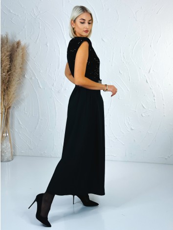 Dámske dlhé šaty Midnight s flitrovaným vrchom a čiernym opaskom - čierne