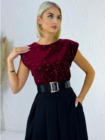 Dámske dlhé šaty Midnight s flitrovaným vrchom a čiernym opaskom - čierno bordové