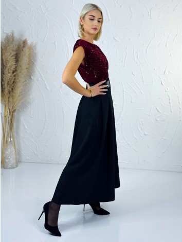 Dámske dlhé šaty Midnight s flitrovaným vrchom a čiernym opaskom - čierno bordové