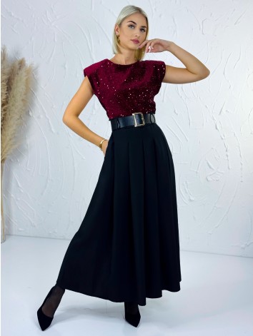 Dámske dlhé šaty Midnight s flitrovaným vrchom a čiernym opaskom - čierno bordové