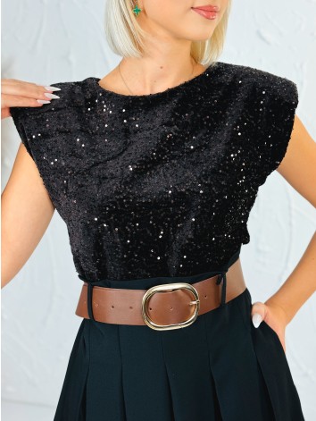 Dámske dlhé šaty Midnight s flitrovaným vrchom a hnedým opaskom - čierno hnedé