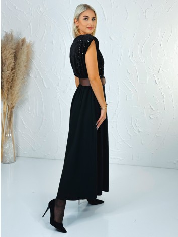 Dámske dlhé šaty Midnight s flitrovaným vrchom a hnedým opaskom - čierno hnedé