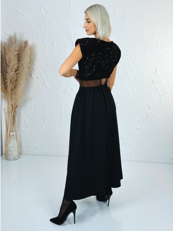 Dámske dlhé šaty Midnight s flitrovaným vrchom a hnedým opaskom - čierno hnedé