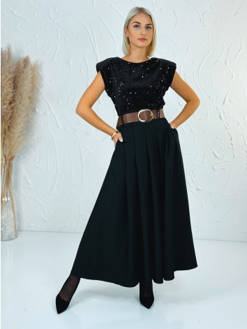 Dámske dlhé šaty Midnight s flitrovaným vrchom a hnedým opaskom - čierno hnedé