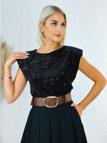 Dámske dlhé šaty Midnight s flitrovaným vrchom a hnedým opaskom - čierno hnedé