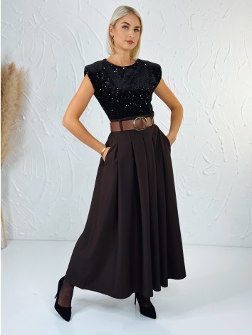 Dámske dlhé šaty s flitrovaným vrchom a hnedým opaskom - hnedé