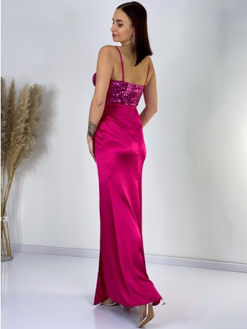 Dámske dlhé spoločenské saténové šaty s flitrovaným korzetom a razporkom - fuksiové