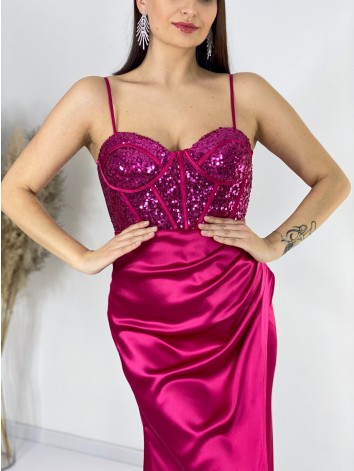Dámske dlhé spoločenské saténové šaty s flitrovaným korzetom a razporkom - fuksiové